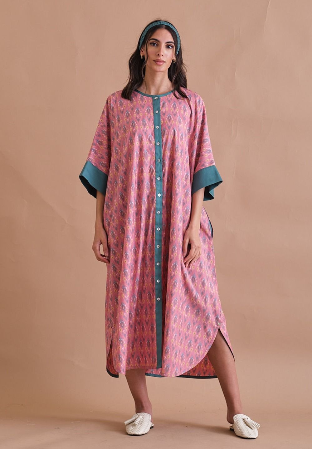 Pink and Green Light Cotton Kaftan