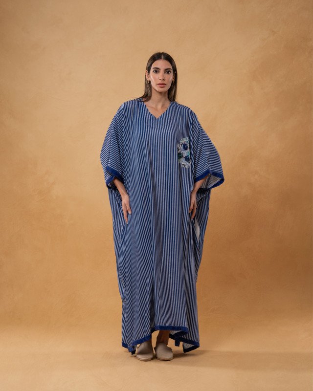 Blue Velvet Striped and Embroidered Kaftan