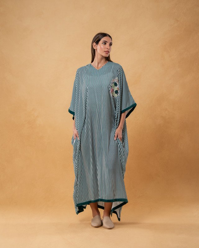 Green Velvet Striped and Embroidered Kaftan