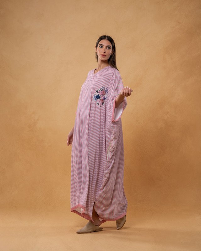 Pink Velvet Striped and Embroidered Kaftan